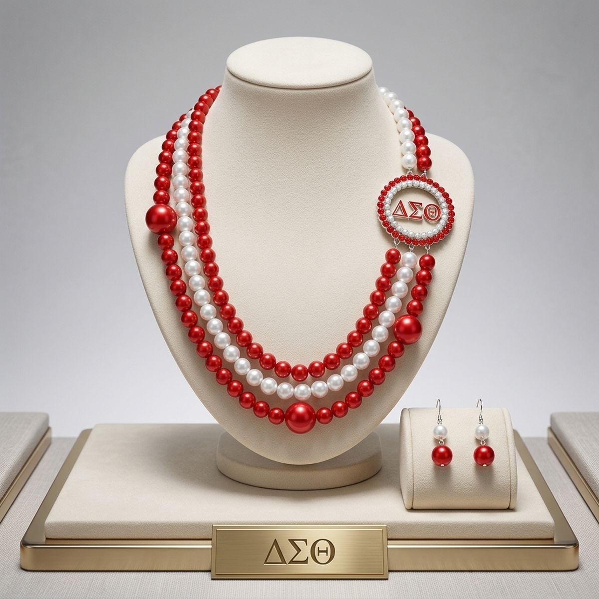 DST Sorority Red White Pearl Long Brooch Necklace